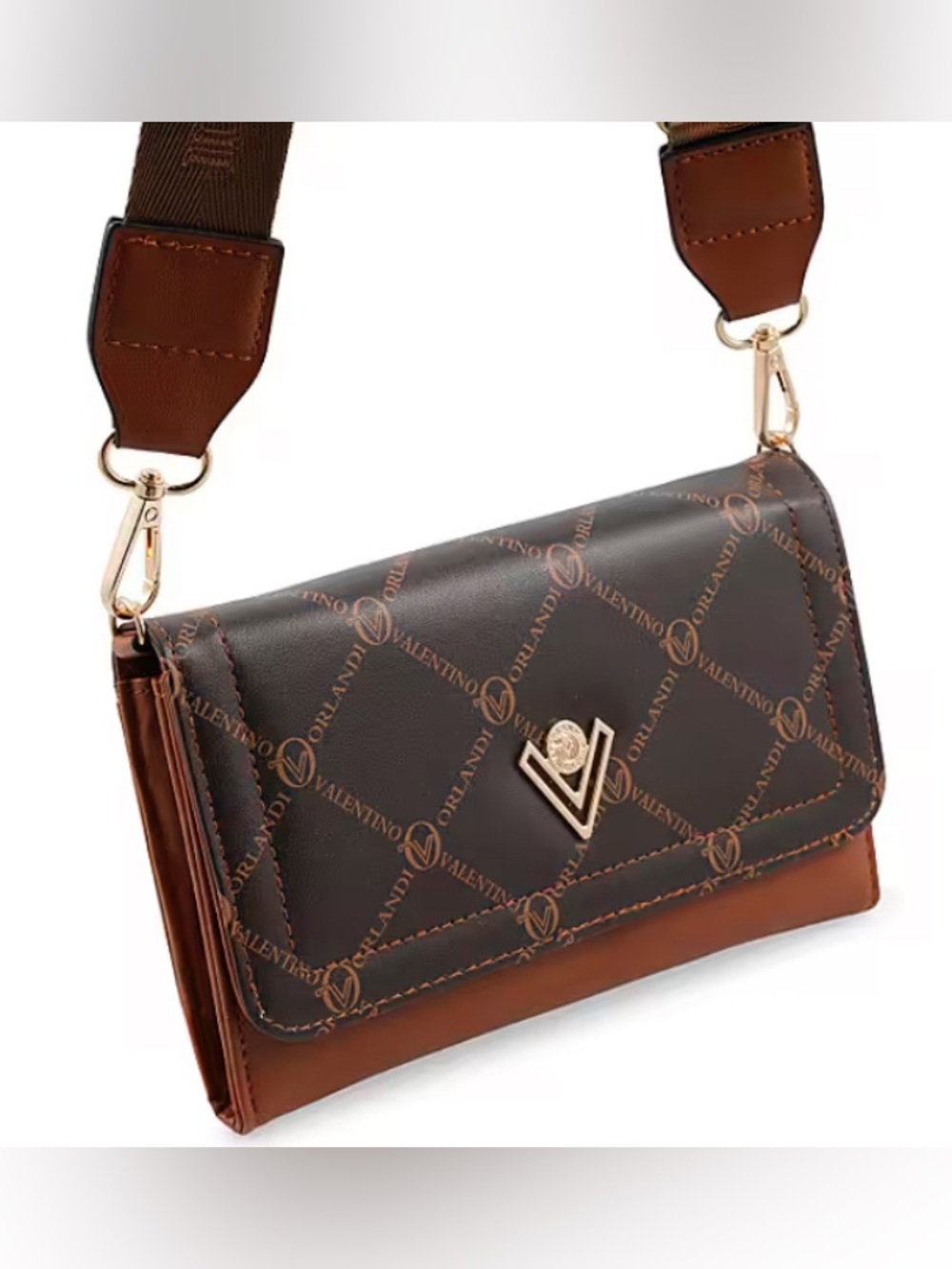 Valentino Orlandi printed crossbody bag. Brown & cognac vegan leather. - Picture 2 of 6